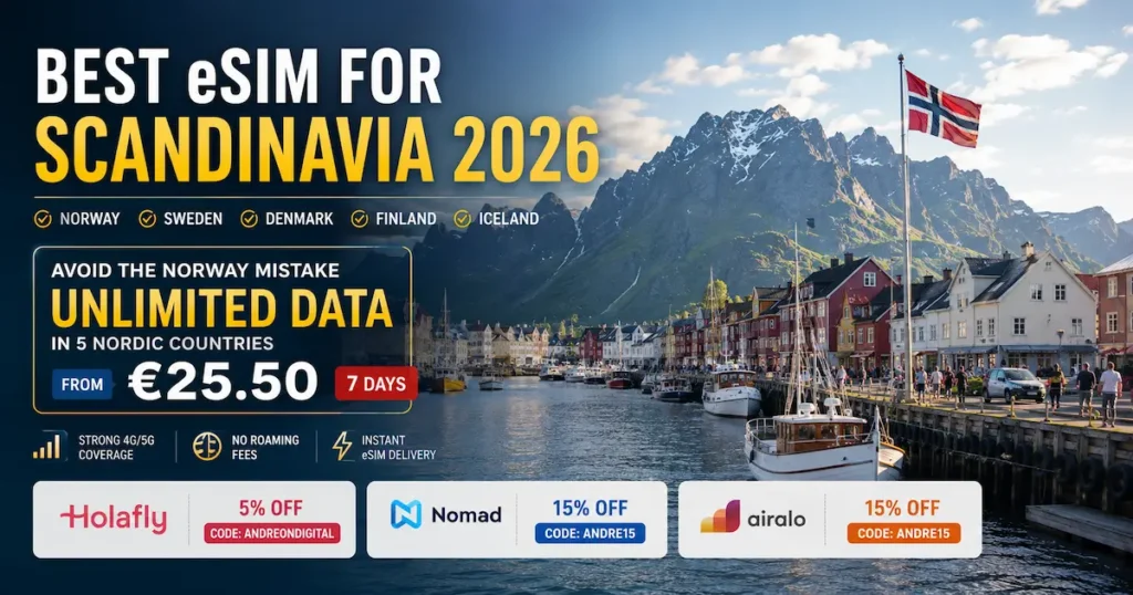 Best eSIM for Scandinavia 2026 comparison image showing Norway, Sweden, Denmark, Finland and Iceland with unlimited data from €25.50 and discount codes for Holafly, Nomad and Airalo.