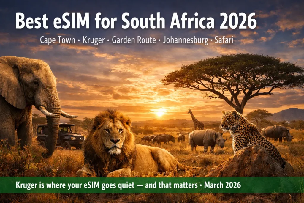 Best eSIM for South Africa 2026 safari scene with Kruger wildlife coverage and travel connectivity comparison