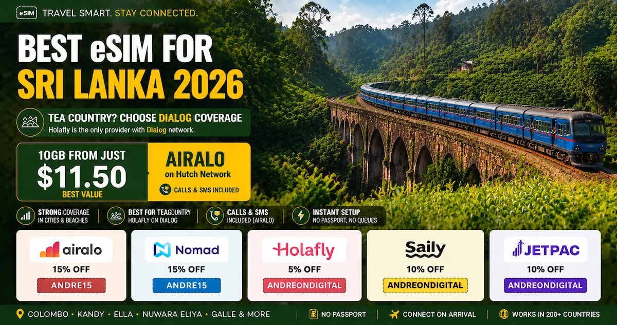 Best eSIM for Sri Lanka 2026 featuring the Nine Arch Bridge in Ella, Sri Lanka tea country, comparing Airalo, Holafly, Nomad, Saily and Jetpac with 10GB plans from $11.50 and Dialog coverage for the highlands.