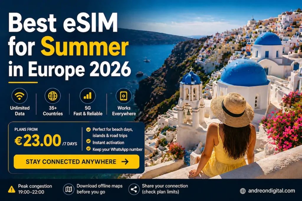 Best eSIM for summer in Europe 2026 showing unlimited data plans, 35+ countries coverage, 5G connection and pricing from €23 for European travel