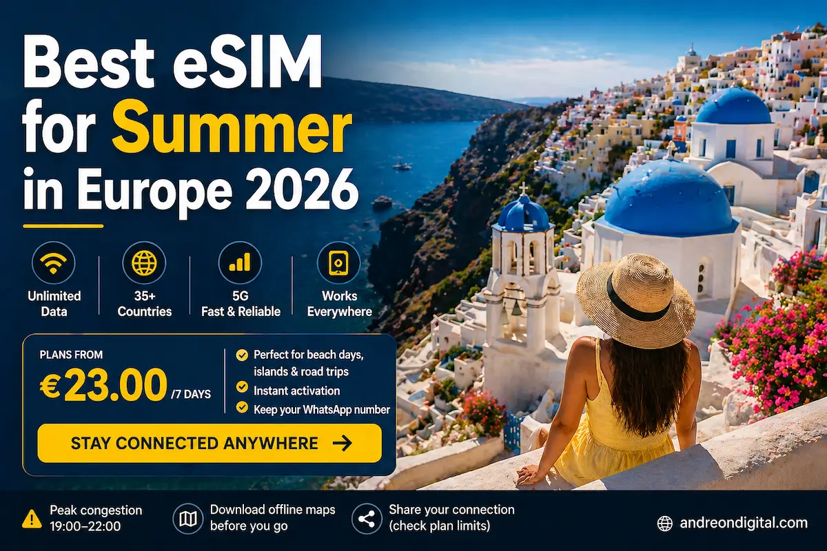 Best eSIM for summer in Europe 2026 showing unlimited data plans, 35+ countries coverage, 5G connection and pricing from €23 for European travel