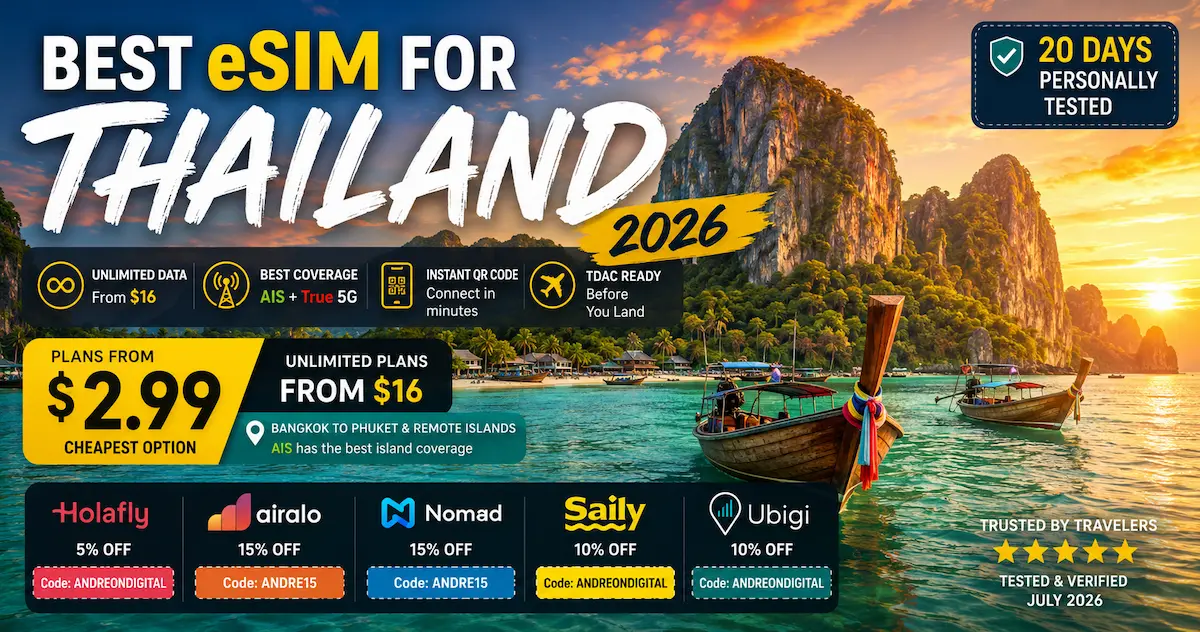 Best eSIM for Thailand 2026 comparison featuring Holafly, Airalo, Nomad, Saily and Ubigi with unlimited data from $16, plans from $2.99, AIS and True 5G coverage, Wat Arun in Bangkok and real 20-day travel testing.