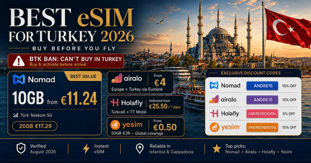 Best eSIM for Turkey 2026 comparison with Nomad, Airalo, Holafly and Yesim prices, BTK buy-before-arrival warning and discount codes