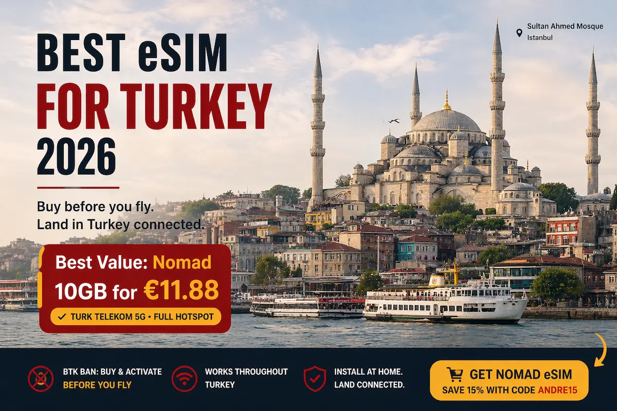 Best eSIM for Turkey 2026 in Istanbul with Nomad 10GB €11.88 price showing Hagia Sophia skyline and strong CTA to buy before landing