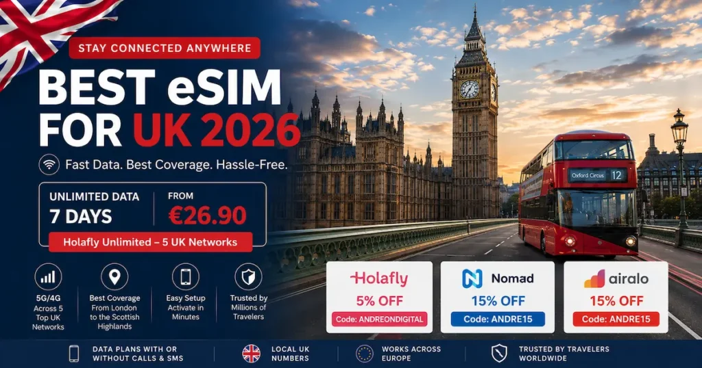 best esim for UK 2026 comparison showing London Big Ben with Holafly unlimited 7 days for 26.90 euro, Nomad 15 percent discount code ANDRE15, and Airalo 15 percent discount for UK travel
