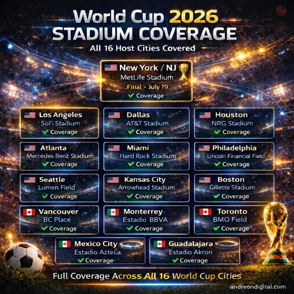 Best eSIM for FIFA World Cup 2026 stadium coverage map showing all 16 host cities across USA Mexico and Canada with full network connectivity