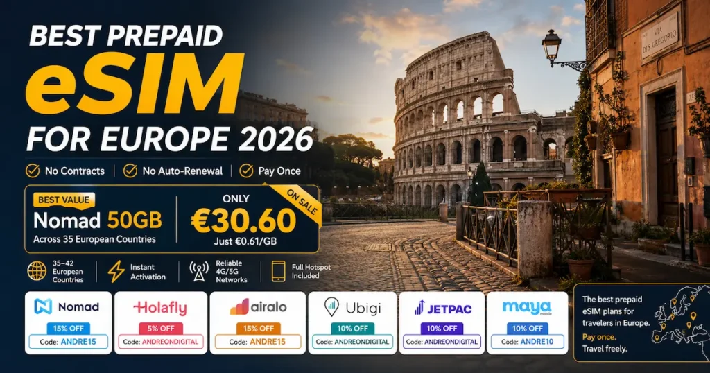 Best Prepaid eSIM for Europe 2026 comparison showing Nomad 50GB for €30.60, prepaid no-contract Europe eSIM plans, discount codes, and the best providers including Holafly, Airalo, Ubigi, Jetpac, and Maya Mobile.