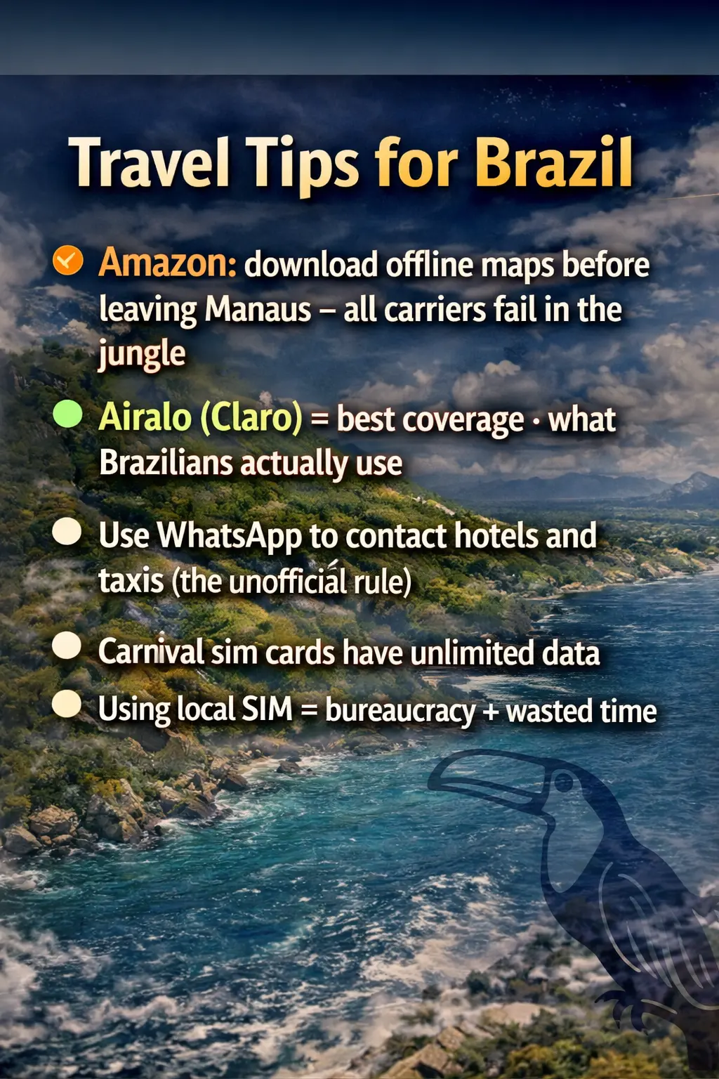 Brazil eSIM travel tips infographic with advice for Amazon offline maps, Airalo on Claro coverage, WhatsApp usage, Carnival unlimited data, and local SIM bureaucracy warning.