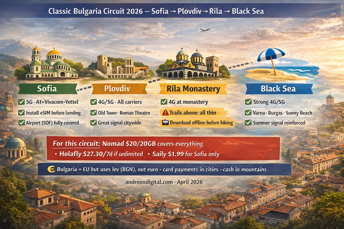 Bulgaria travel route 2026 showing Sofia, Plovdiv, Rila Monastery and Black Sea coast with eSIM coverage and pricing comparison