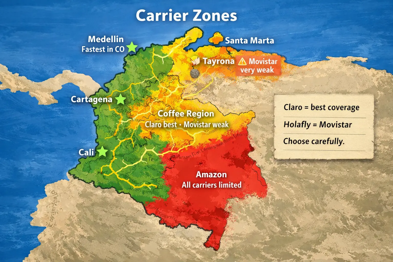 Best eSIM for Colombia 2026 coverage map Claro vs Movistar Medellin Tayrona Coffee Region Amazon