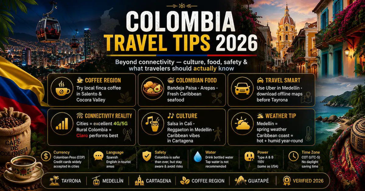 colombia travel tips 2026 medellin cartagena tayrona coffee region culture food safety connectivity