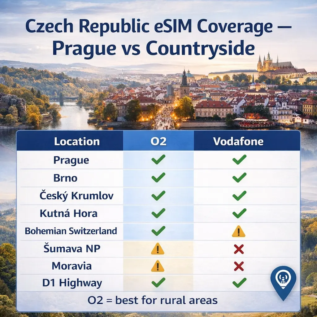 Czech Republic eSIM Coverage czech republic esim coverage prague countryside o2 vodafone