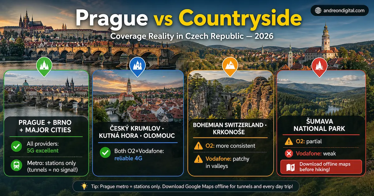 Czech Republic eSIM coverage Prague vs countryside 2026 O2 Vodafone 5G cities vs rural Bohemian Switzerland Sumava