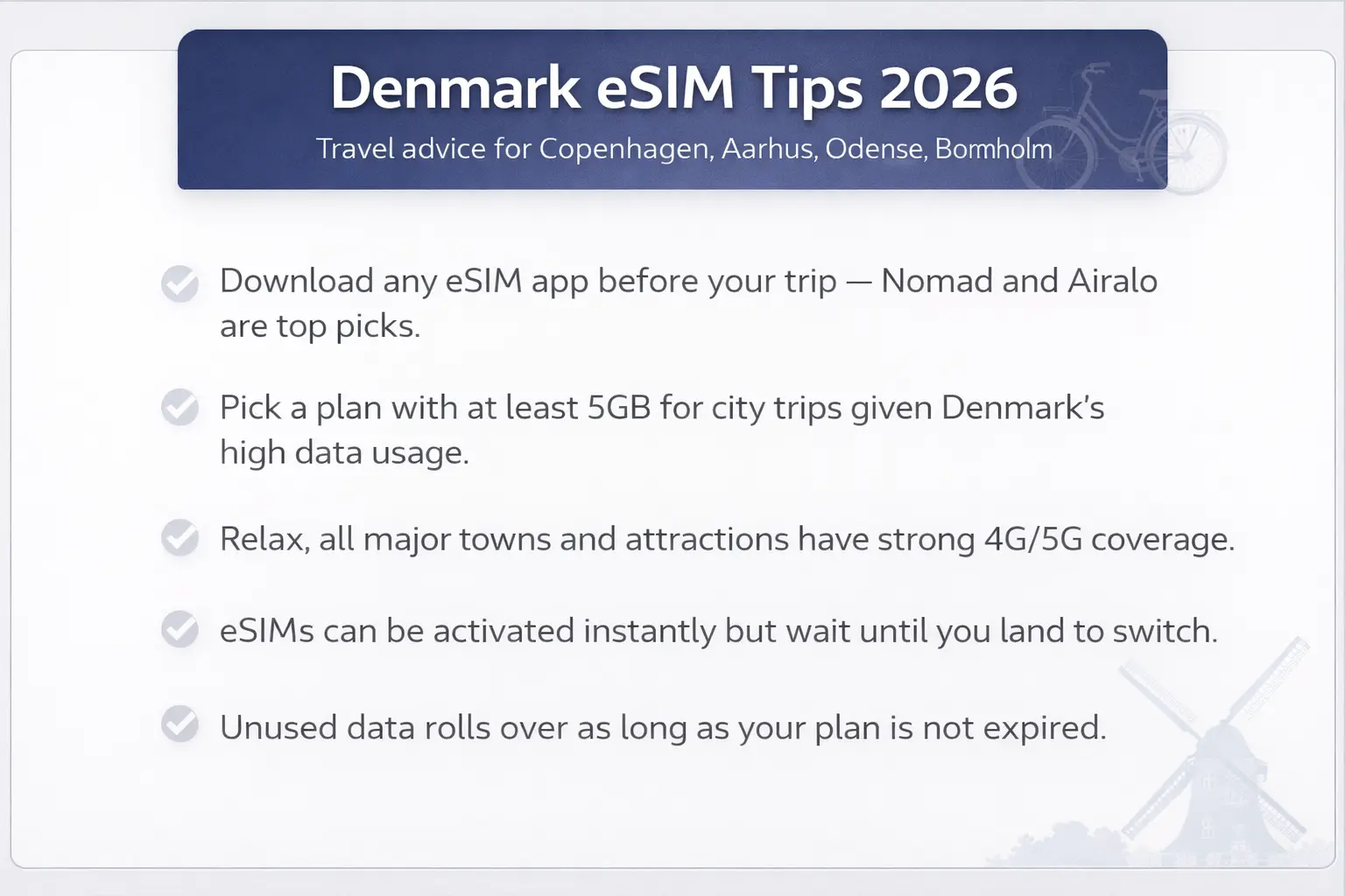 denmark esim tips 2026 copenhagen cycling rejsekort nomad holafly airalo eu scandinavia coverage