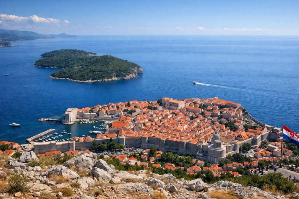Dubrovnik Croatia panoramic view from Mount Srd with Old Town walls and Adriatic islands