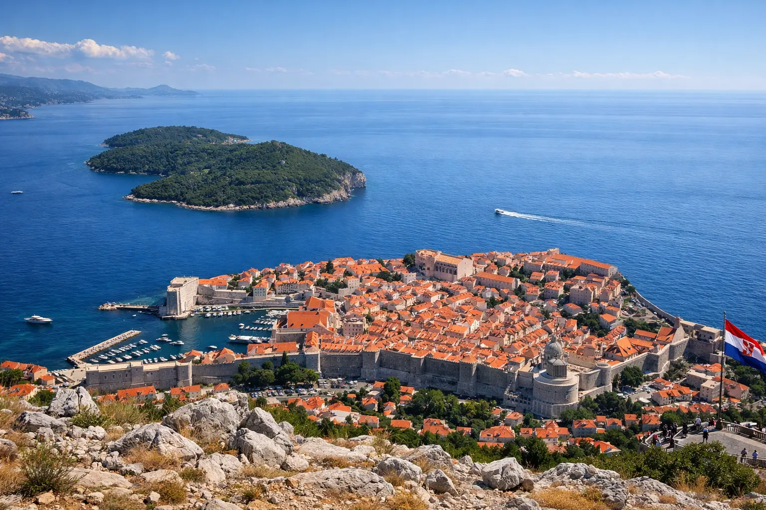 Dubrovnik Croatia panoramic view from Mount Srd with Old Town walls and Adriatic islands