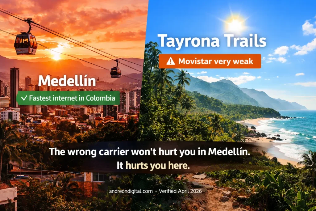 Colombia eSIM signal Medellin fast internet vs Tayrona weak Movistar coverage real comparison