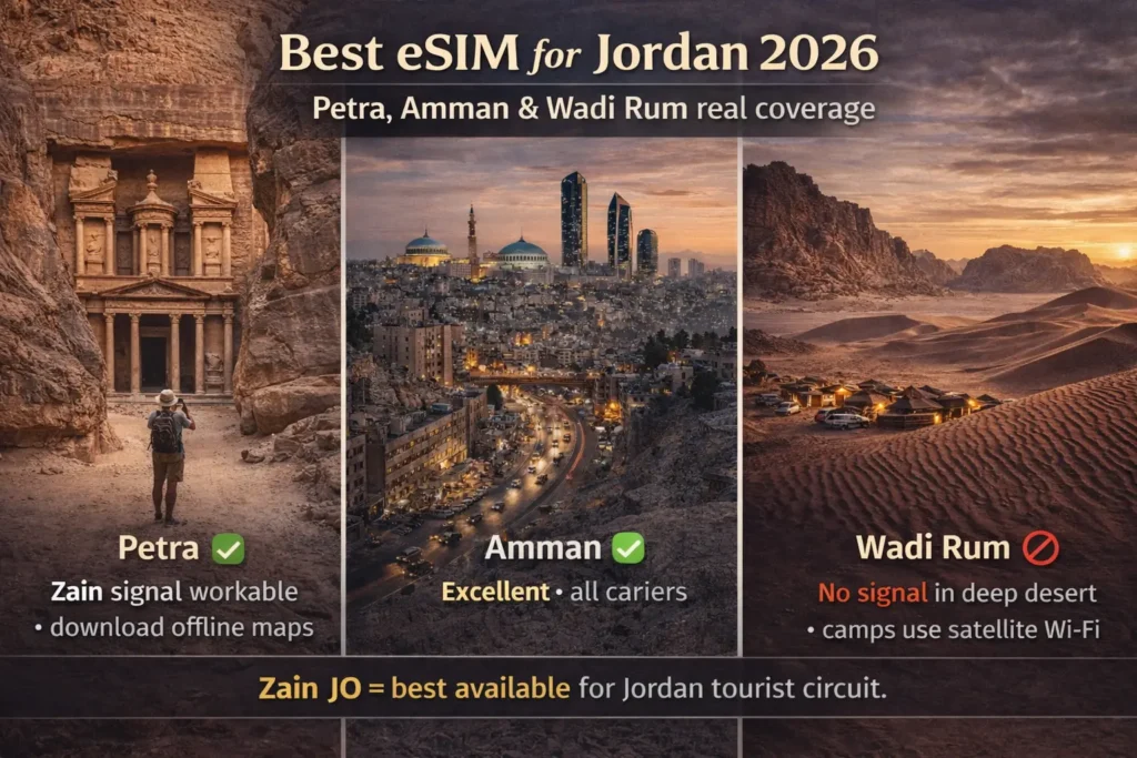 Best eSIM for Jordan 2026 coverage comparison showing real mobile signal in Petra, Amman, and Wadi Rum with Zain JO as the best network for the tourist circuit.