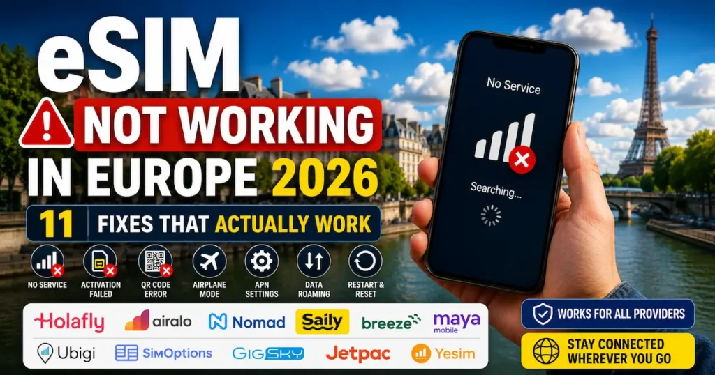 esim not working in europe 2026 fixes guide iphone android no service activation failed data roaming apn settings