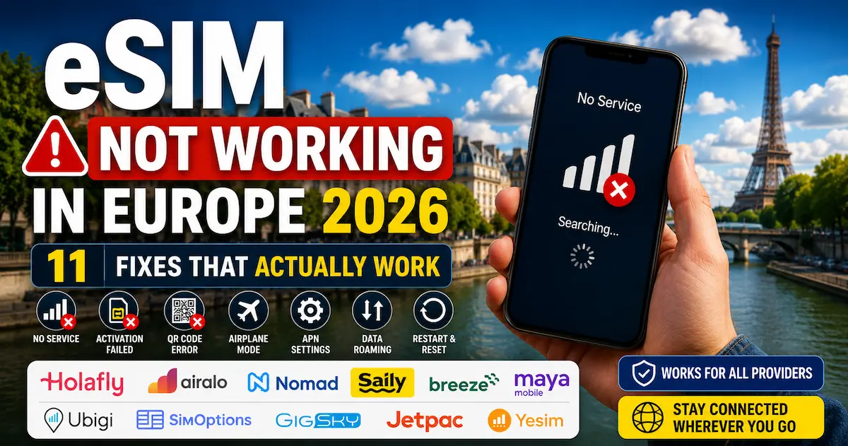 esim not working in europe 2026 fixes guide iphone android no service activation failed data roaming apn settings