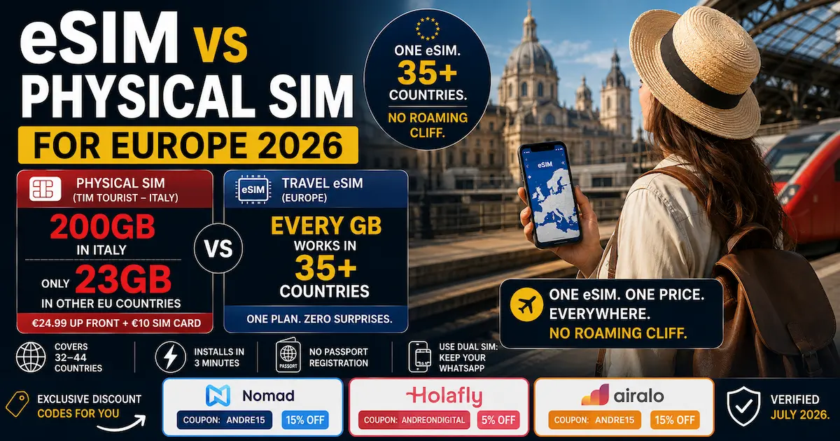 eSIM vs Physical SIM for Europe 2026 comparing travel eSIM with TIM Tourist Italy showing 200GB in Italy but only 23GB across EU roaming, plus Europe travel eSIM covering 35+ countries with no roaming cliff.