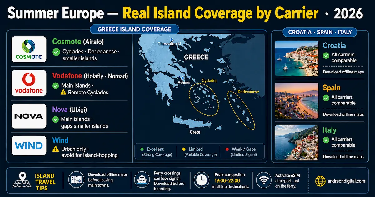 Europe eSIM island coverage map 2026 showing Cosmote, Vodafone, Nova and Wind performance across Greek islands, Croatia, Spain and Italy