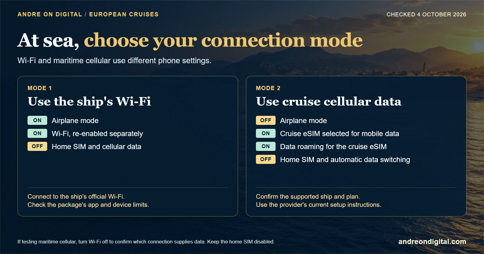 Two distinct phone settings: airplane mode with Wi-Fi, or intentional maritime cellular