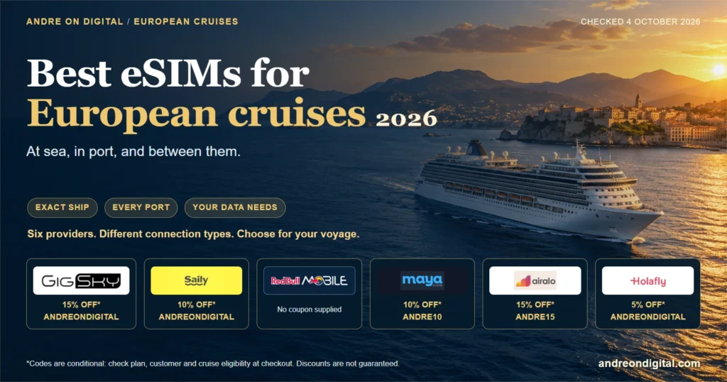 Six eSIM providers for European cruises, separating maritime service from port data