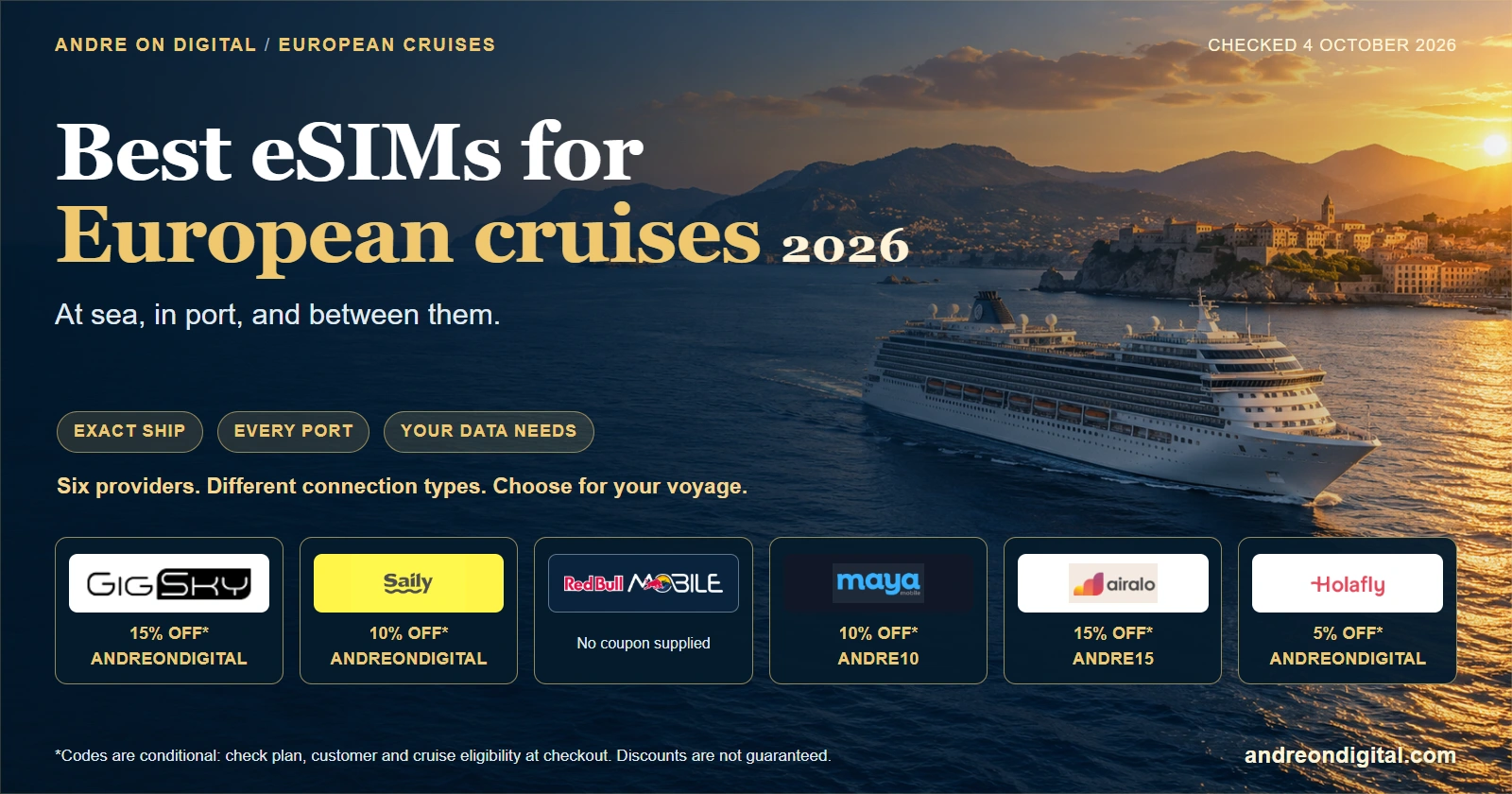 Six eSIM providers for European cruises, separating maritime service from port data