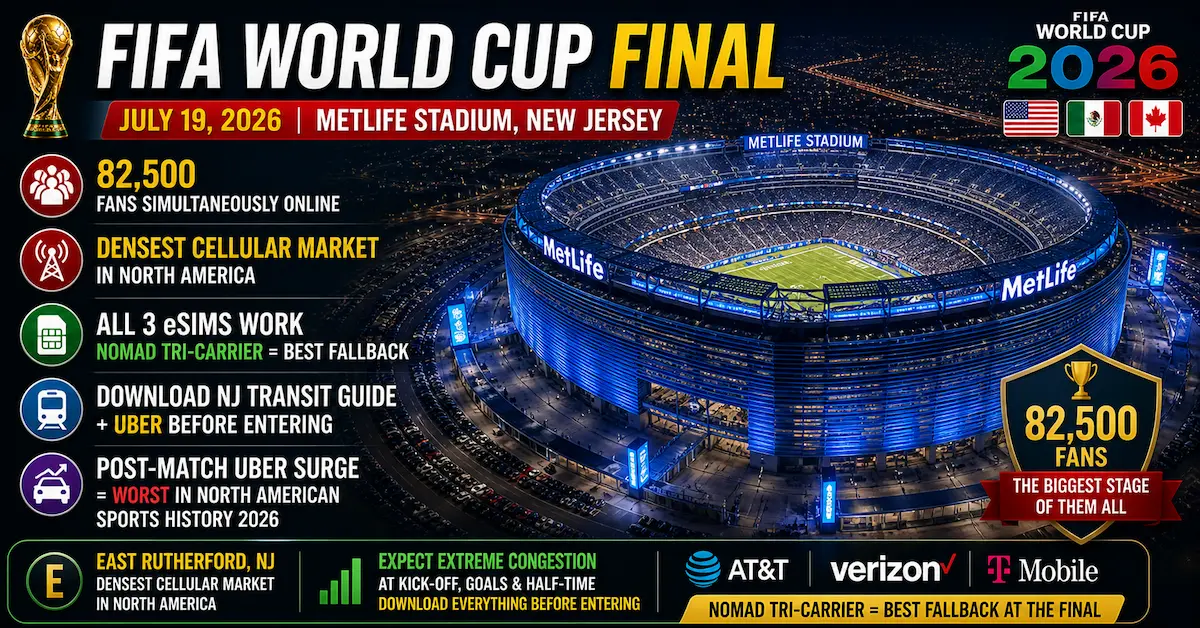 FIFA World Cup 2026 final MetLife Stadium connectivity guide showing 82500 fans network congestion and best eSIM mobile data options with AT&T Verizon T Mobile coverage