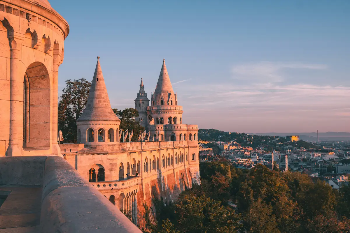 Fisherman’s Bastion Budapest sunset panoramic view over city Hungary travel landmark