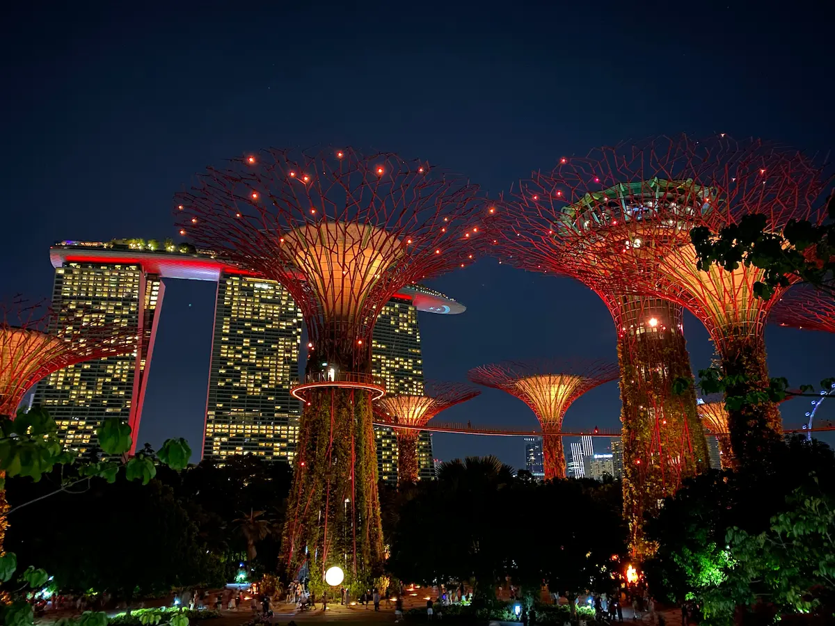 Gardens by the Bay Supertree Grove at night in Singapore with illuminated trees and Marina Bay Sands in the background