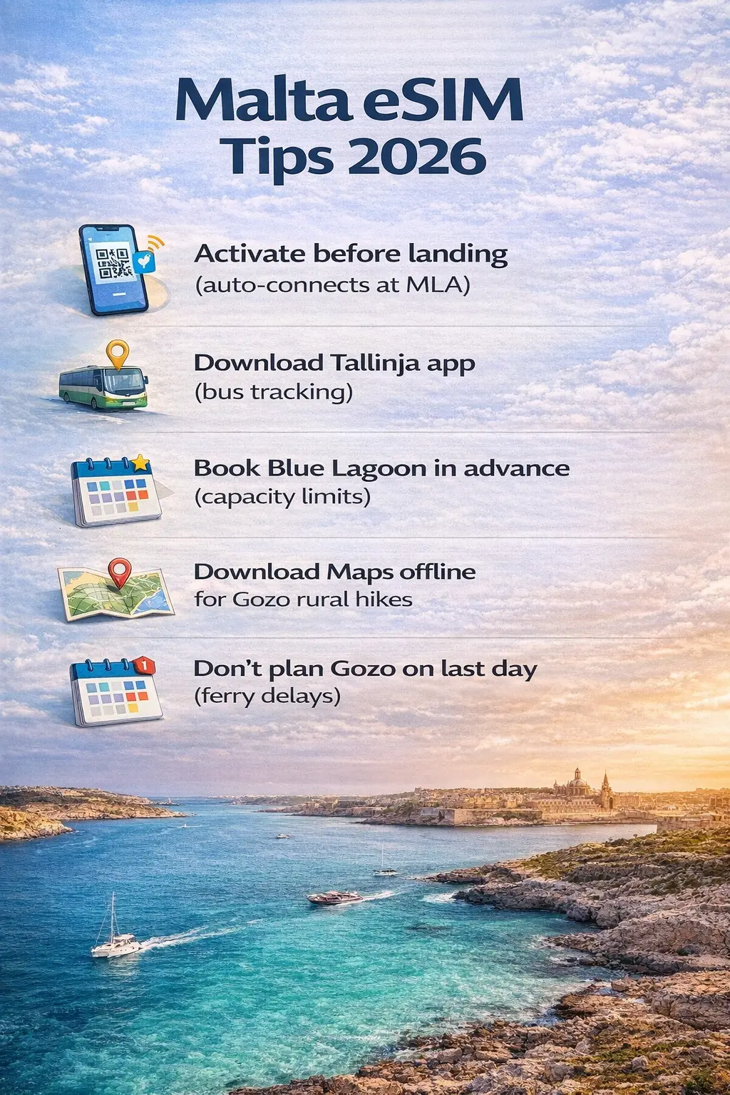 malta esim tips 2026 gozo ferry blue lagoon