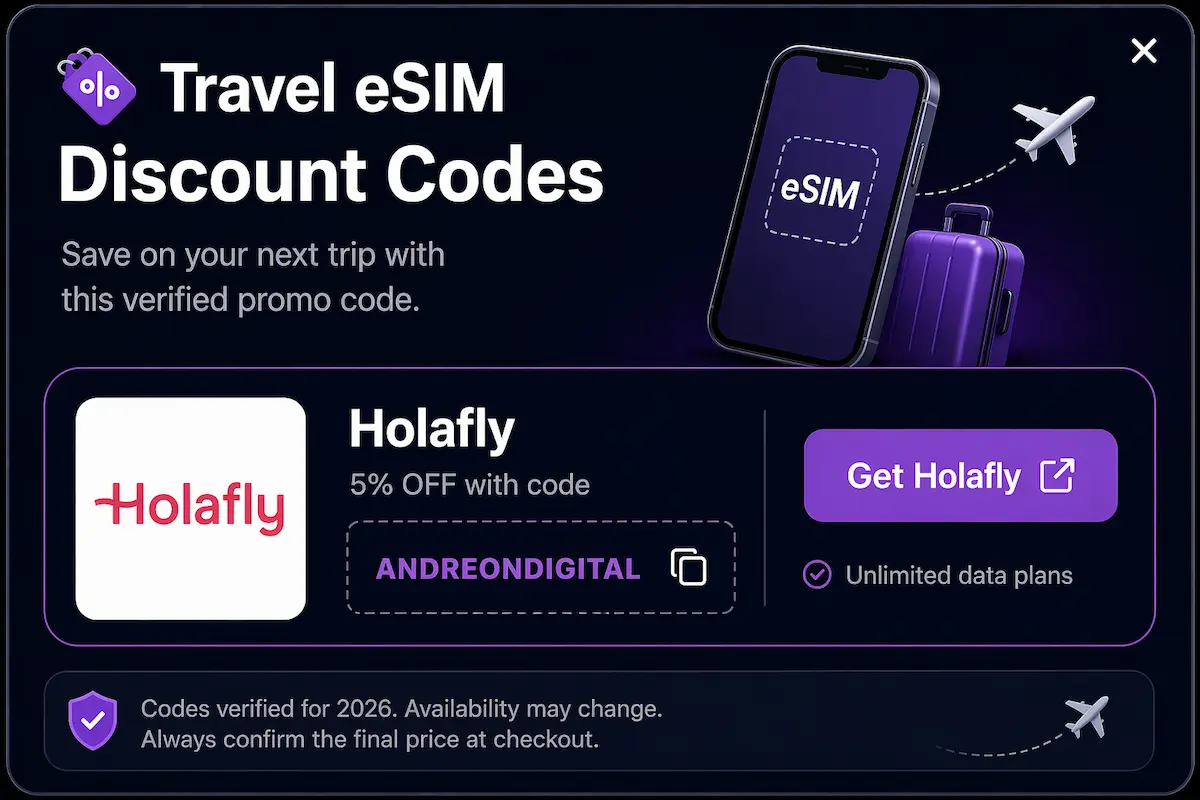 Travel eSIM discount code 2026 with Holafly promo showing 5 percent off unlimited data plans for international trips