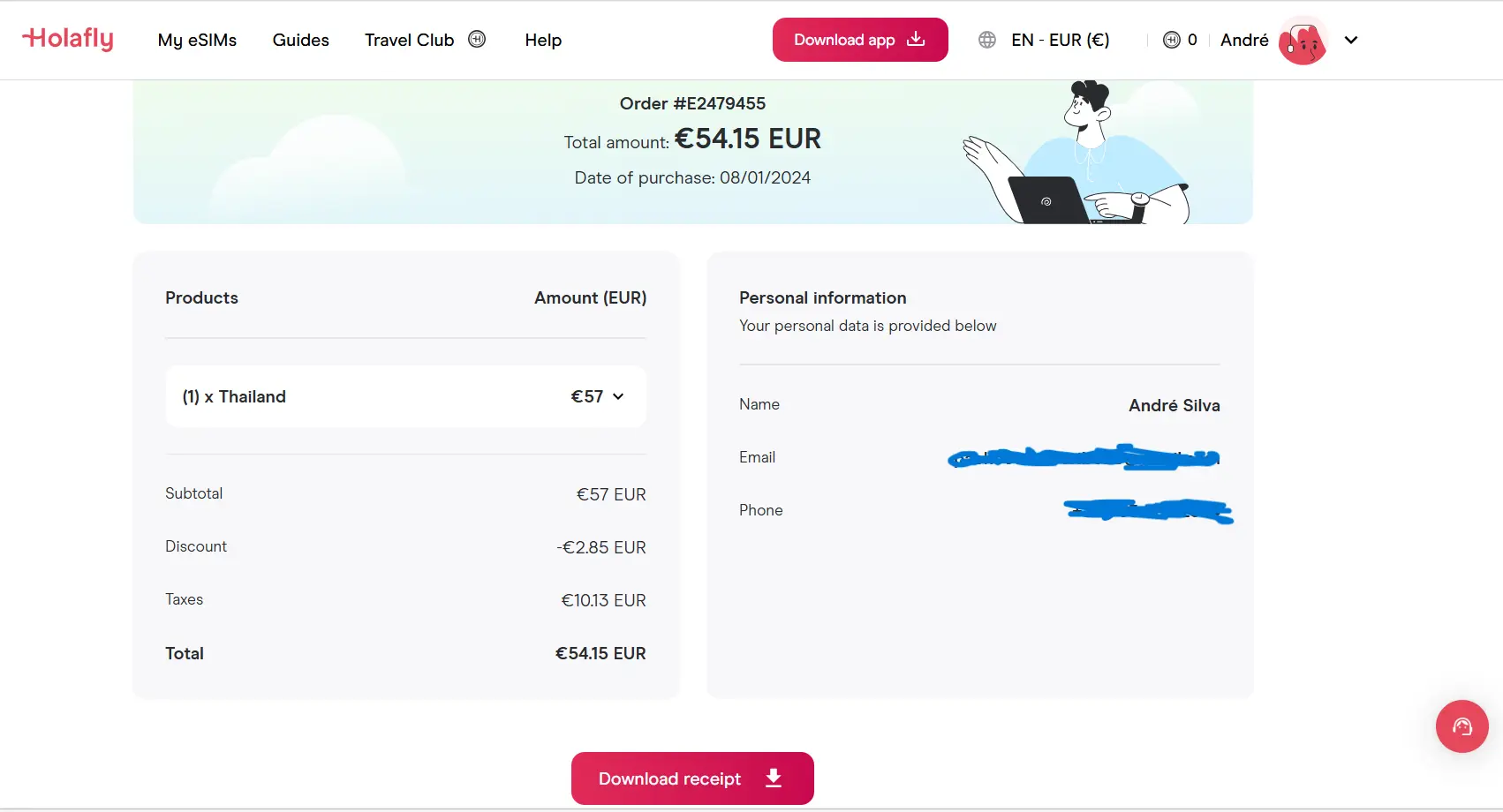 Holafly eSIM Receipt — Thailand Trip Order Holafly eSIM purchase receipt from my trip to Thailand