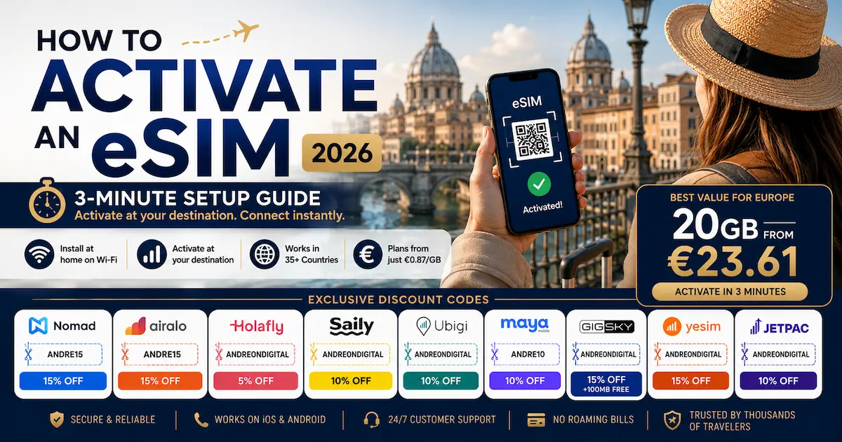 How to Activate an eSIM 2026 with a 3-minute setup guide, Europe eSIM plans from €23.61, and discount codes for Nomad, Airalo, Holafly, Saily, Ubigi, Maya Mobile, GigSky, Yesim, and Jetpac.