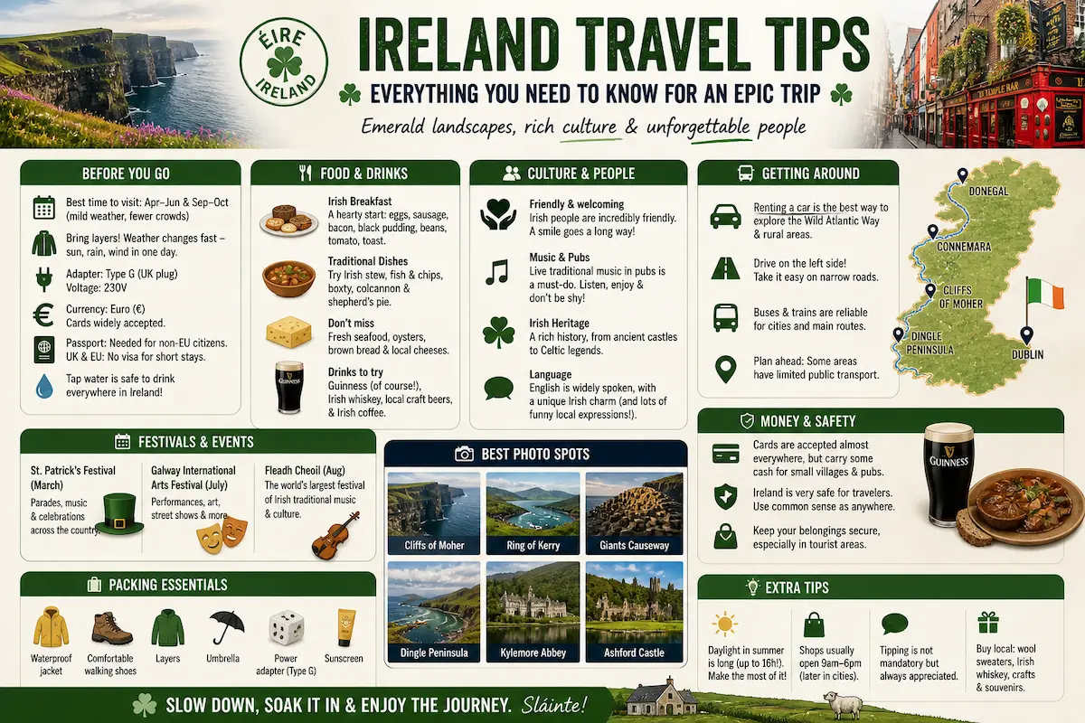Ireland travel tips 2026 guide with map food culture transport safety Wild Atlantic Way Dublin tourist information