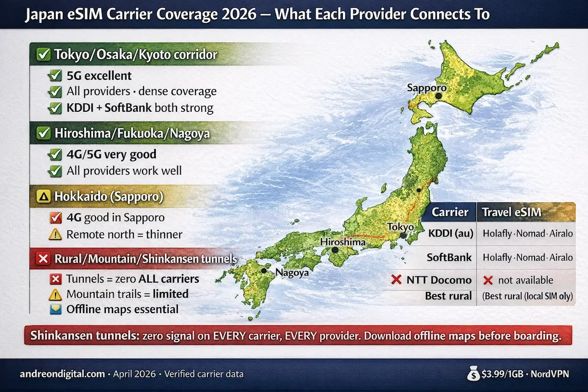 Best eSIM for Japan 2026 coverage map showing Tokyo Osaka Kyoto corridor 5G coverage Hokkaido limits and zero signal in Shinkansen tunnels