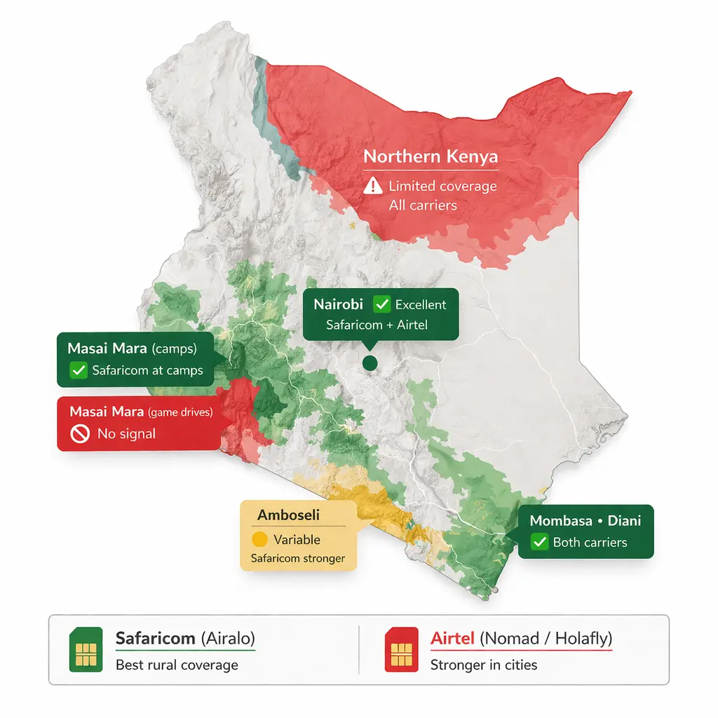 Kenya eSIM coverage map 2026 showing Safaricom vs Airtel coverage in Nairobi Masai Mara Mombasa and Amboseli