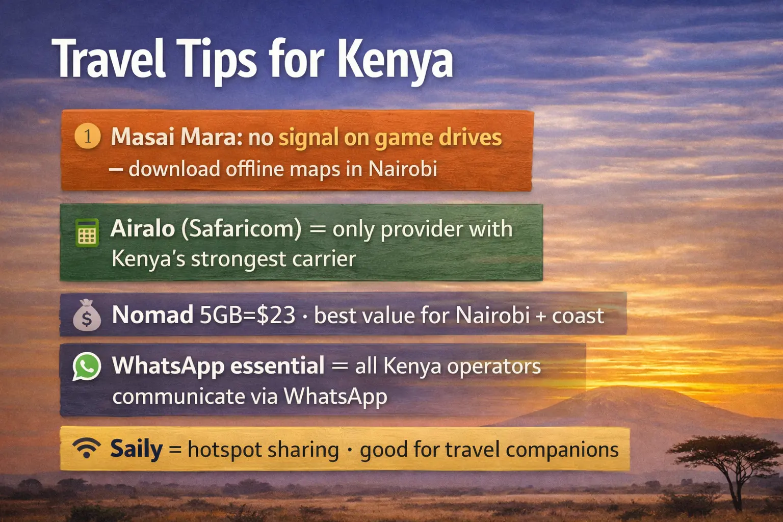 kenya esim travel tips 2026 safari masai mara coverage offline maps airalo safaricom nomad saily