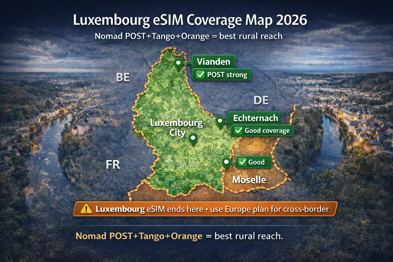 Luxembourg eSIM Coverage Map 2026 Best eSIM coverage in Luxembourg 2026 map with Luxembourg City Vianden Echternach Moselle and border limits for Belgium France and Germany