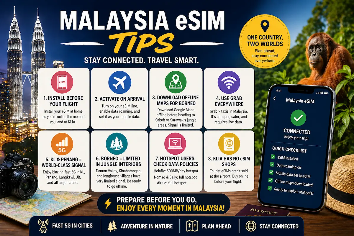 Malaysia eSIM tips 2026 showing travel setup steps for Kuala Lumpur and Borneo including offline maps and activation guide