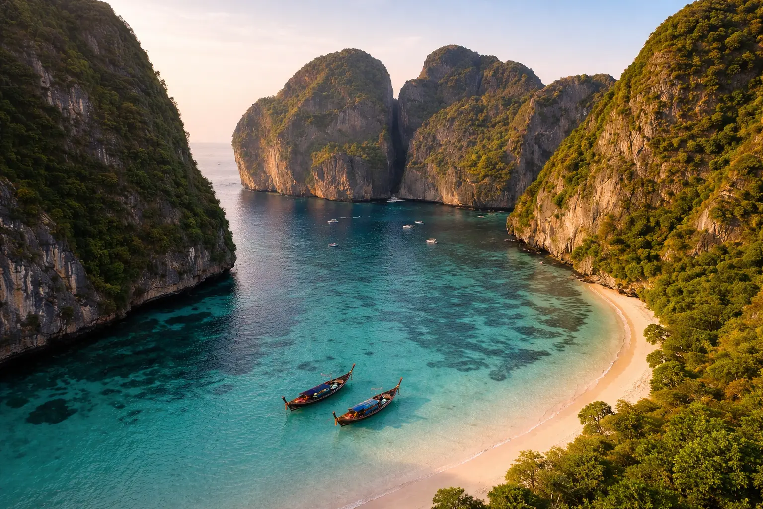 maya bay thailand aerial view phi phi islands turquoise water boats 2026
