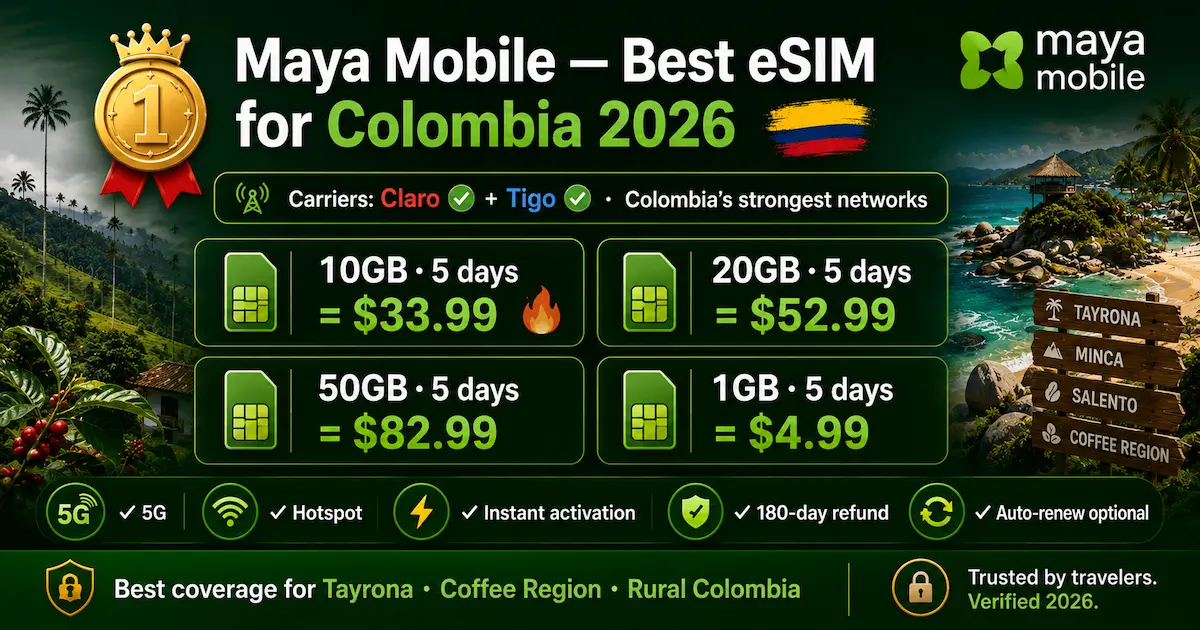 maya mobile colombia esim 2026 claro tigo tayrona coffee region rural coverage prices
