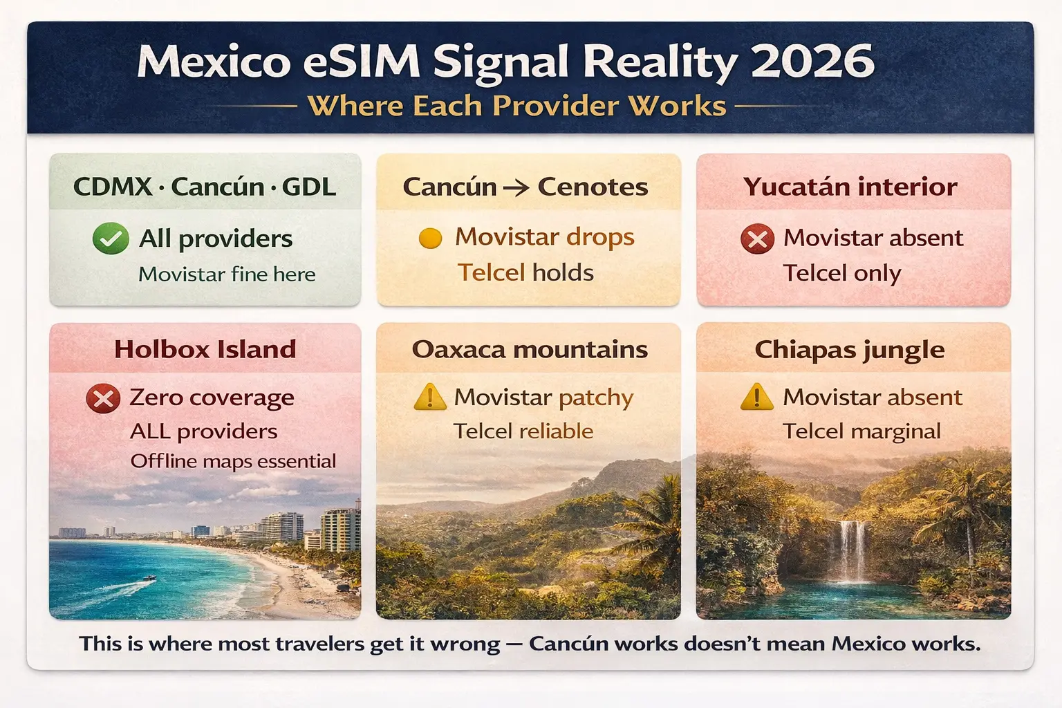 Best eSIM for Mexico 2026 showing real coverage where signal drops outside cities like cenotes, Oaxaca and Holbox island