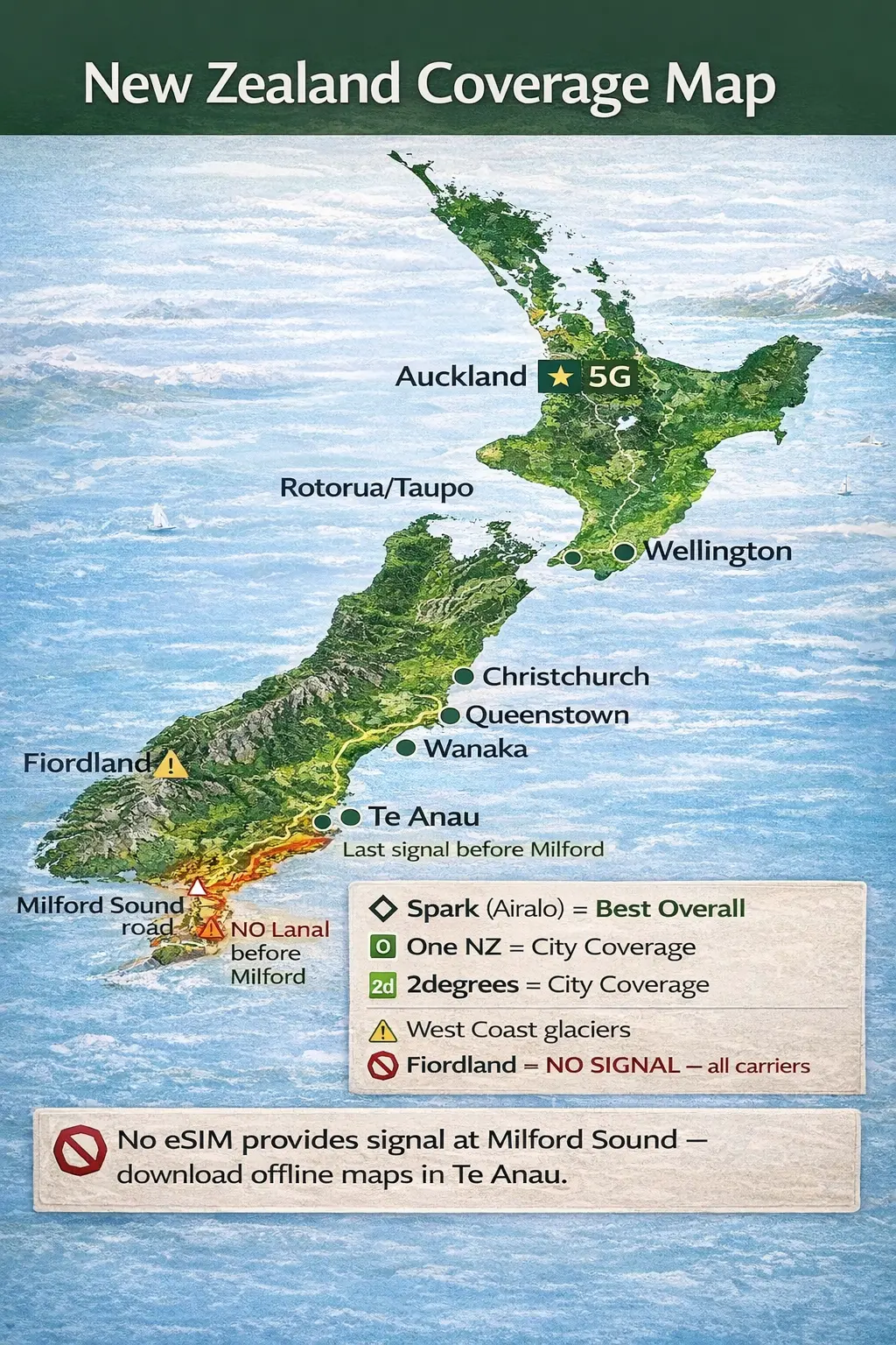 New Zealand eSIM Network Map 2026 Spark One NZ 2degrees North South Island Fiordland Zero Signal best esim for new zealand 2026 coverage map including fiordland no signal area
