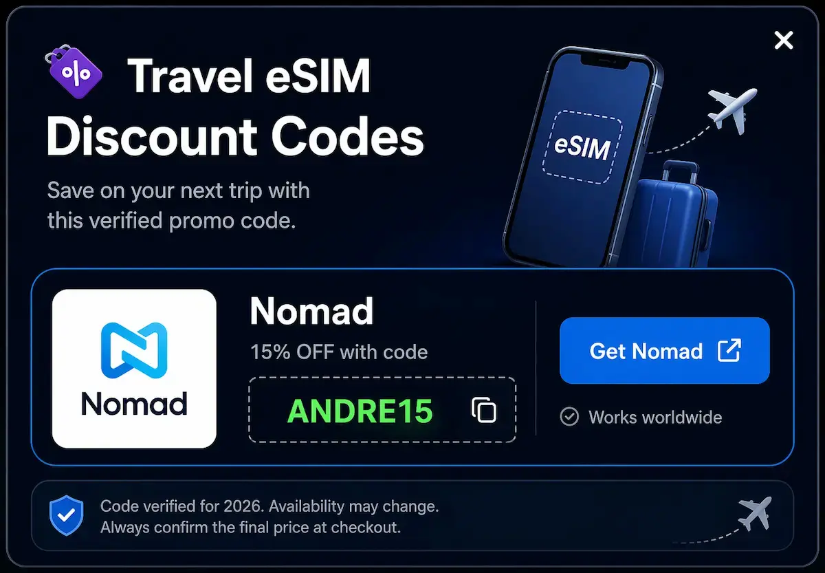 Nomad eSIM discount code ANDRE15 for Turkey 2026 showing 15 percent off travel eSIM plans worldwide