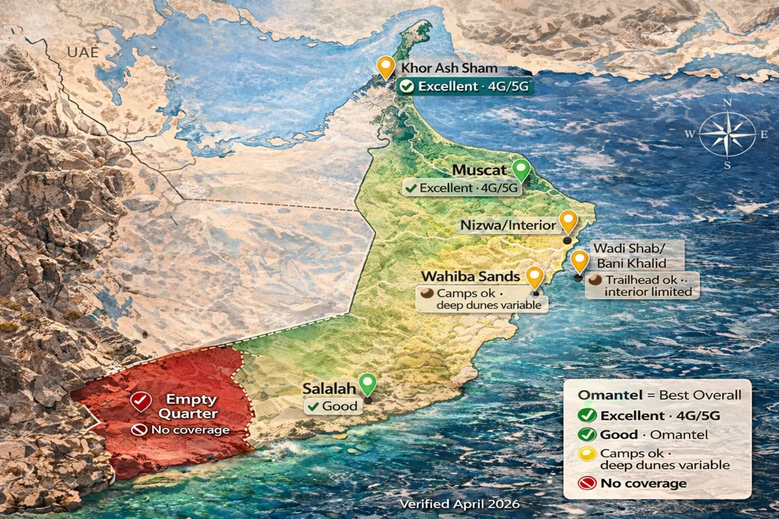 Oman eSIM coverage map 2026 Muscat Wahiba Sands Salalah Omantel signal