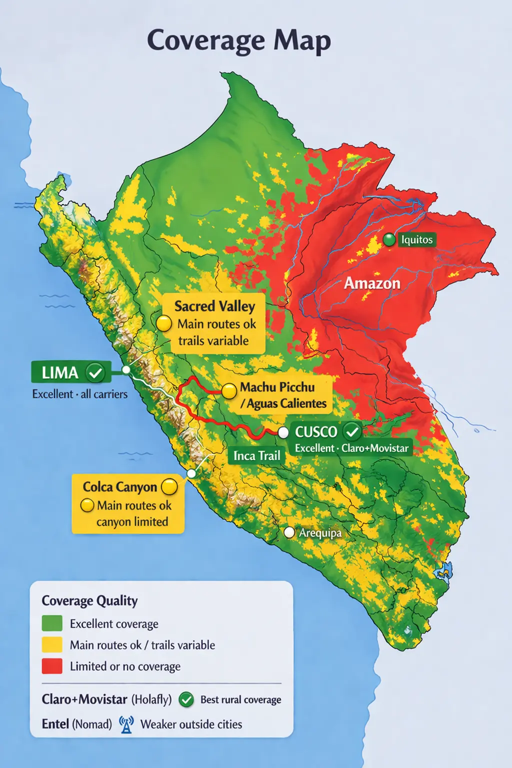 Peru eSIM coverage map 2026 Lima Cusco Machu Picchu Inca Trail signal