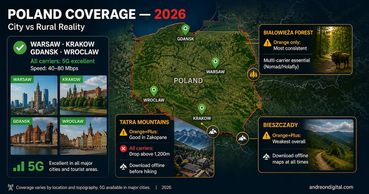 poland coverage map 2026 esim city vs rural warsaw krakow gdansk tatra mountains bialowieza forest mobile data